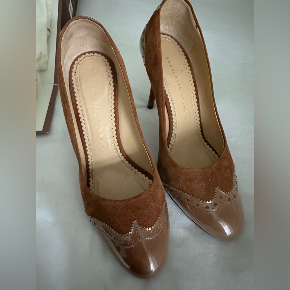 Charlotte Olympia Brown brogue suede heels box and dust bags